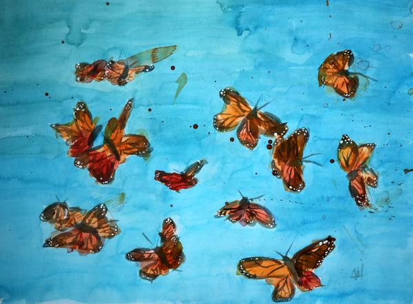 600x441 Monarch Butterfly Flight Original Watercolor Painting By Angela - Butterfly Painting Pictures