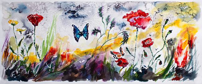 650x271 Panoramic Poppies And Butterflies Watercolor By Ginette Callaway - Butterfly Watercolor Painting
