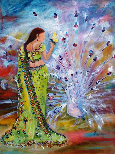 488x650 Woman In Sari - Butterfly Woman Painting