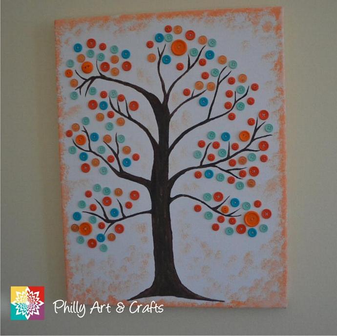 690x687 Personalized Button Tree Canvas, Button By Phillyartandcrafts - Button Tree Painting