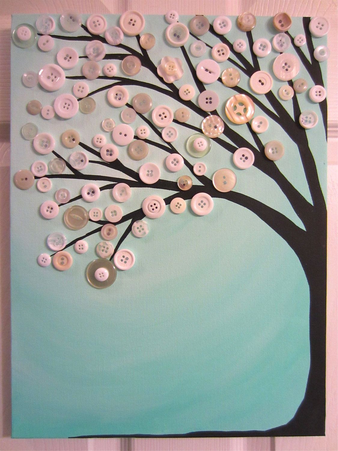 1125x1500 Robin's Egg Blue Button Tree Painting Original Acrylic - Button Tree Painting