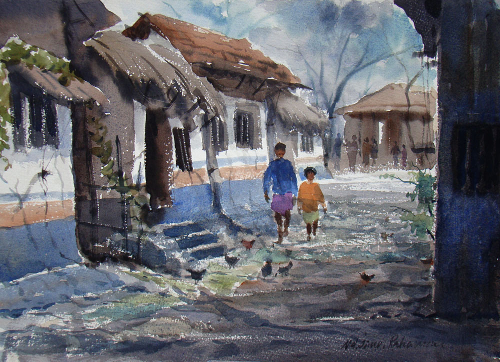 1000x725 Village Life Buy Authentic Landscape Art Print Online From Indian - Buy Watercolor Painting