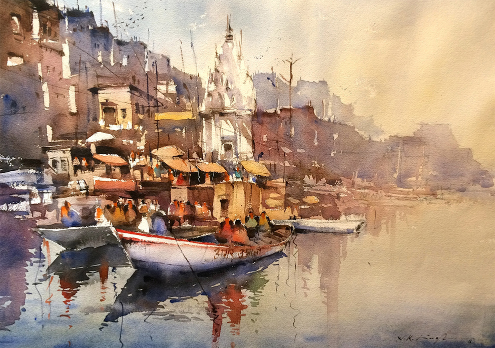 989x695 Watercolor Art Online Varanasi Ghats Painting - Buy Watercolour Painting