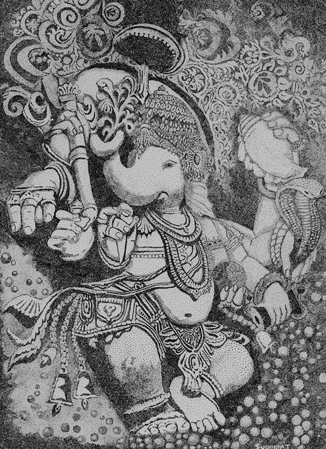 653x900 Dancing Ganesh Bw Painting By Sushobha Jenner - Bw Painting