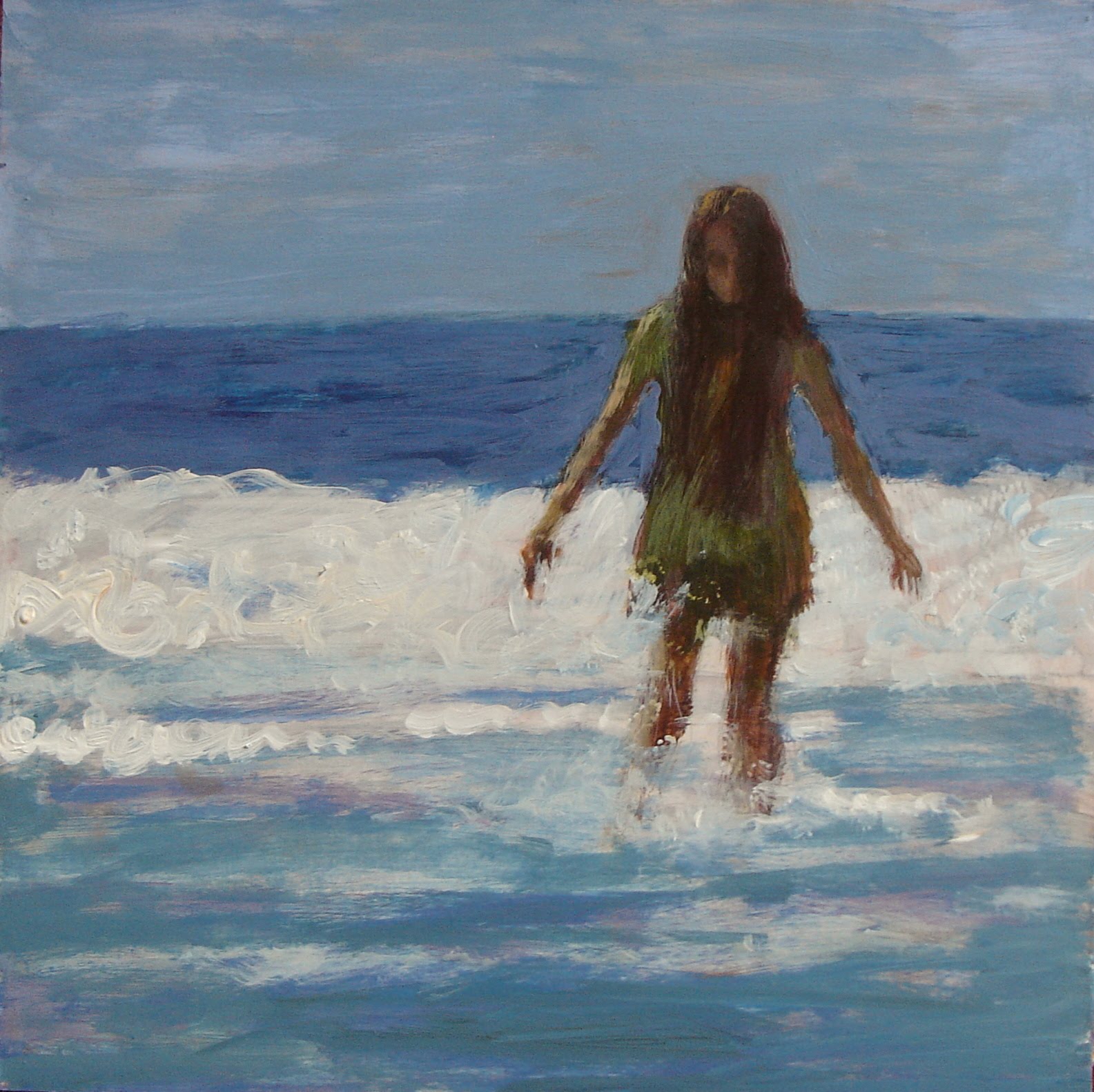 1585x1582 At Sea Painting Sea Ocean Waves Girl Beach Real Art - By The Sea Painting