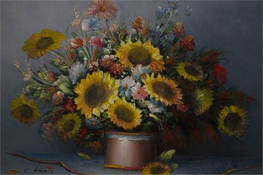 540x360 C. Benolt, Sunflowers And Other Flowers In A Vase, Oil On Canvas - C Benolt Oil Painting