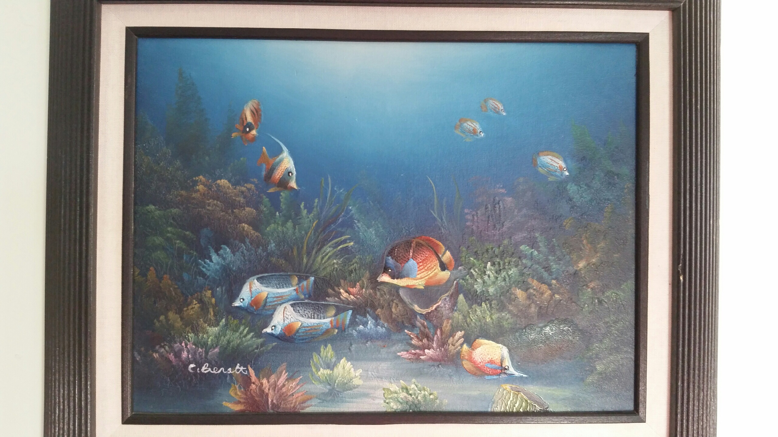 2560x1440 C. Benolt Raised Fish Oil Painting Antique Appraisal Instappraisal - C Benolt Oil Painting