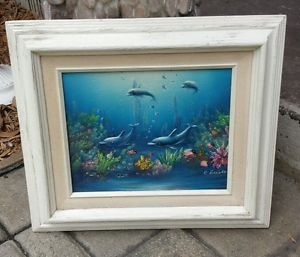 300x257 Vintage Original Oil Painting Of Dolphins And Fish Signed By - C Benolt Oil Painting