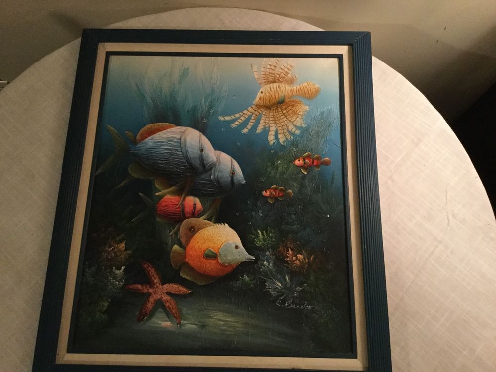 1000x750 C Benolt Original Oil Painting Large Aquatic Sea Life Fish Framed - C Benolt Oil Painting