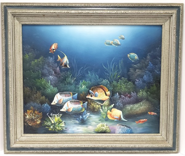 600x506 Framed C. Benolt Raised Fish Oil Painting - C Benolt Painting