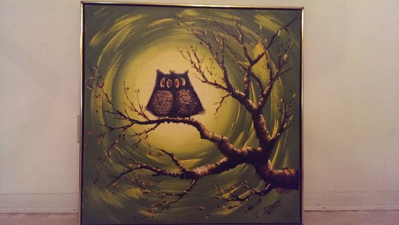 570x322 Mid Century Modern Owl Lovebirds Painting Signed By Artist C - C Roberts Painting