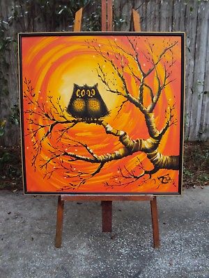 300x400 Vintage 60's 70's Original Oil Painting Of Love Owls Signed C - C Roberts Painting