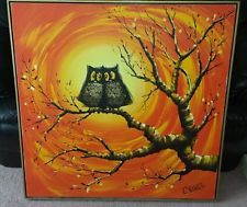 225x189 Vintage 1970's C. Roberts Owls Oil Painting Lovebirds Orange Art - C Roberts Painting