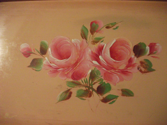 570x427 Vintage Shabby Cottage Metal Serving Tray Cabbage Roses - Cabbage Rose Painting
