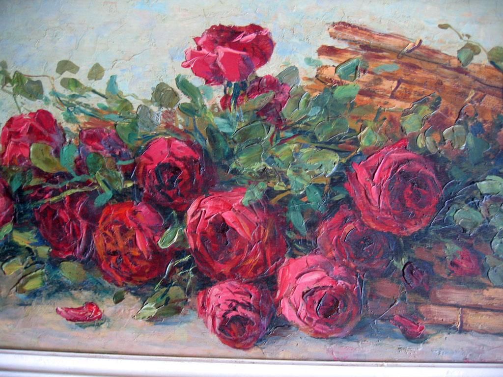 1024x768 Antique Yard Long Roses Painting. This Extraordinary Piece Is Just - Cabbage Rose Painting