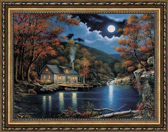 570x448 John Zaccheo Cabin By The Lake Framed Painting For Sale - Cabin By The Lake Painting