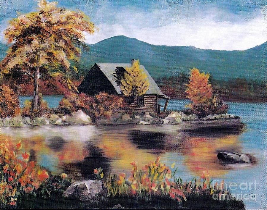 900x710 Log Cabin On The Lake Painting By Merri Aka Cathy Friesenhahn - Cabin By The Lake Painting
