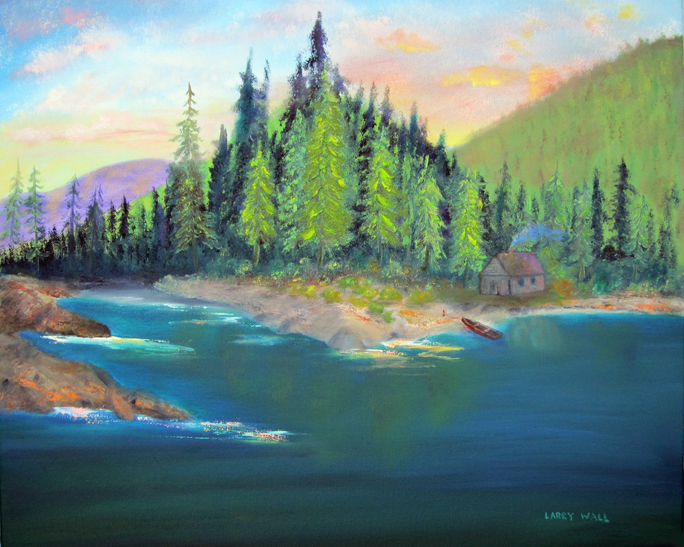684x547 Mountain Lake Cabin 16 X 20 Oil Painting By Larry Wall - Cabin By The Lake Painting