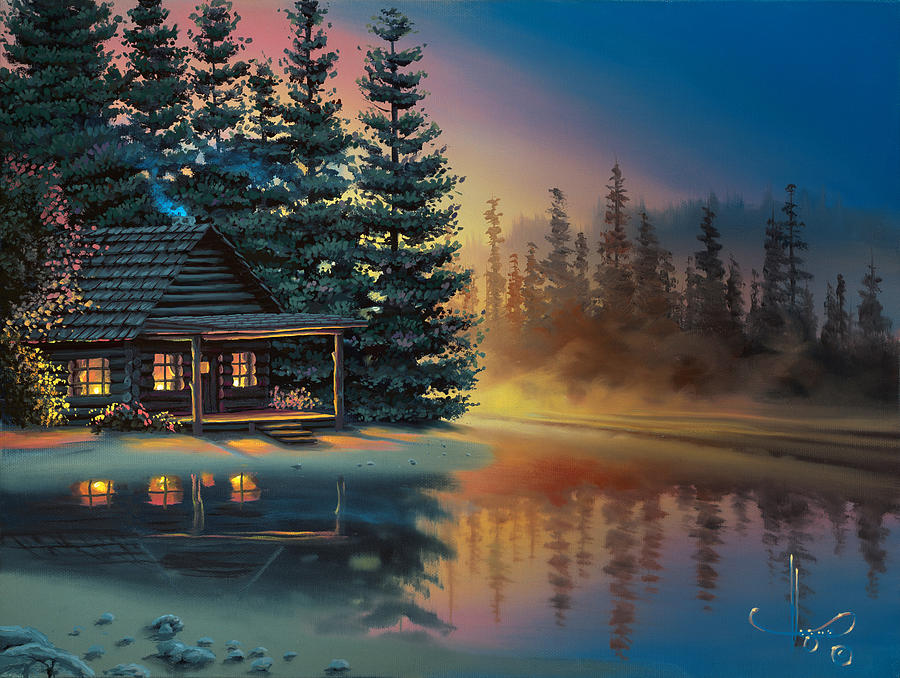 900x678 Misty Refection Painting By Al Hogue - Cabin By The Lake Painting
