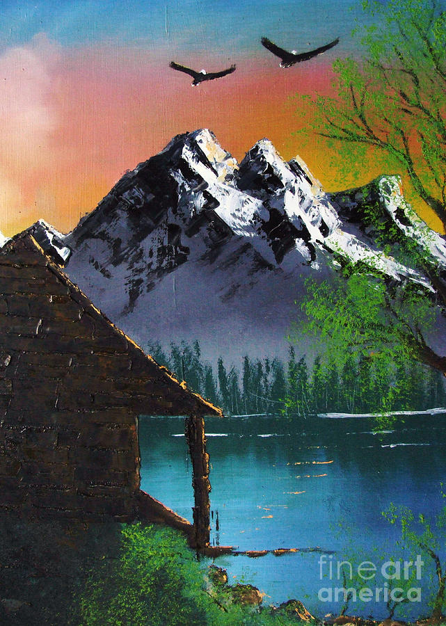 641x900 Mountain Lake Cabin W Eagles Painting By Marianne Nana Betts - Cabin By The Lake Painting