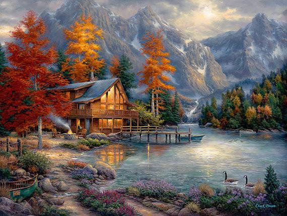 570x428 Mountain Painting, Mountain Art, Mountain Artwork, Painting - Cabin By The Lake Painting