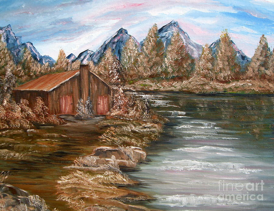 900x695 My Cabin By The Lake Painting By Vivian Cook - Cabin By The Lake Painting