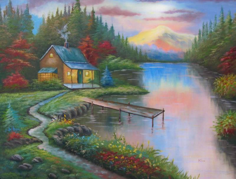 800x607 Oil Paintings Frames - Cabin By The Lake Painting