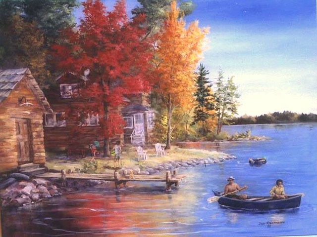640x480 Paintings Judy Richardson Art - Cabin By The Lake Painting