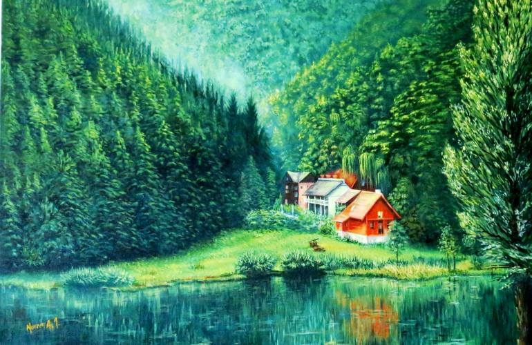 770x500 Saatchi Art Red Cabin By The Lake Painting By Noreen A I - Cabin By The Lake Painting