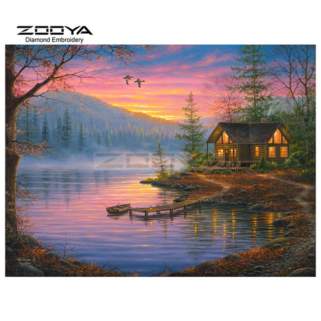 640x640 Zooya Diamond Embroidery 5d Diy Diamond Painting Sunset Hut Lake - Cabin By The Lake Painting