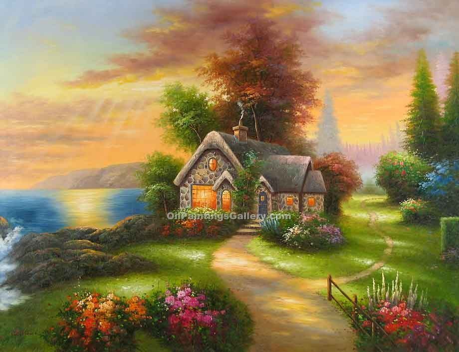 920x705 Cabin By The Lake (Painting Id La 3056 Ka) - Cabin By The Lake Painting
