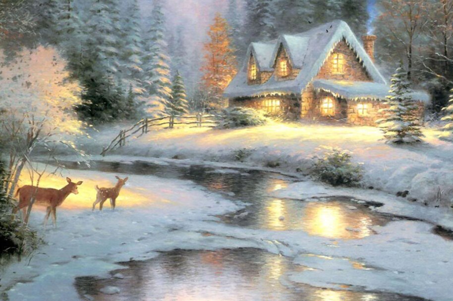 914x608 Deer Frozen Lake Warm Cabin 3d Diy Diamond Painting Cross Stitch - Cabin By The Lake Painting