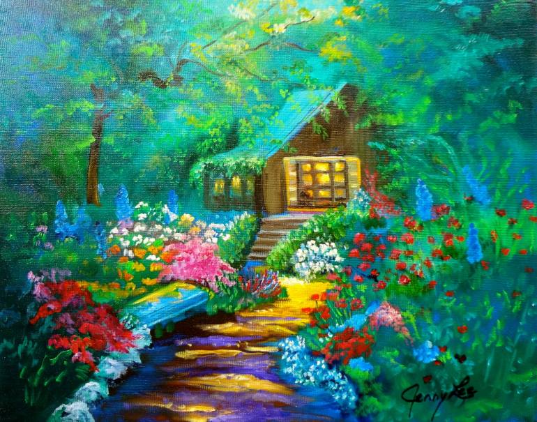 770x605 Saatchi Art Cabin In The Woods Painting By Jenny Jonah - Cabin In The Woods Painting