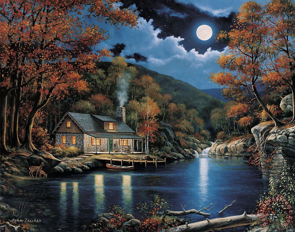 960x755 John Zaccheo Cabin By The Lake Painting - Cabin In Woods Painting