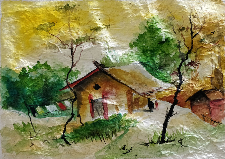 900x636 Lone Cabin In Woods Painting By Artist Manu Krishnan - Cabin In Woods Painting