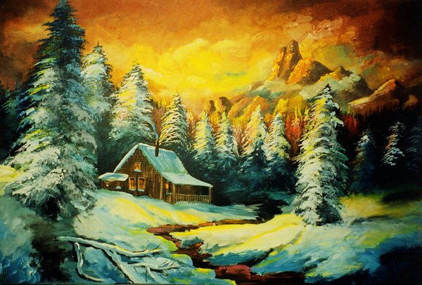 600x406 Snowy Cabin In The Woods By Moby513 - Cabin In Woods Painting