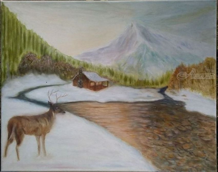 850x672 Winter Cabin On The Woods Paintings By Mike Chaple - Cabin In Woods Painting