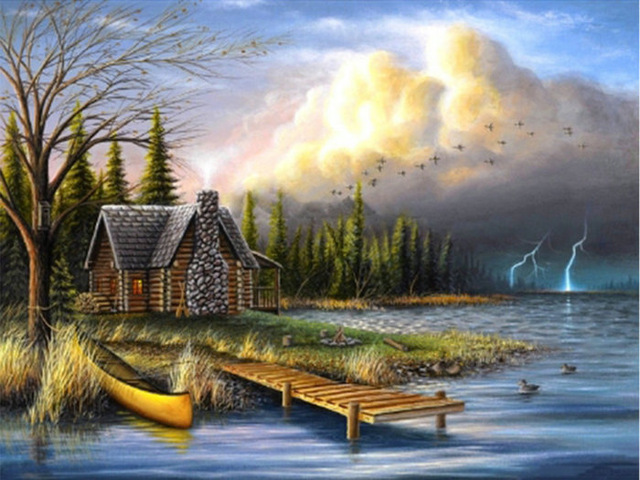 640x480 Diy Diamond Painting Cross Stitch Scenery Diamond Mosaic Picture - Cabin Painting