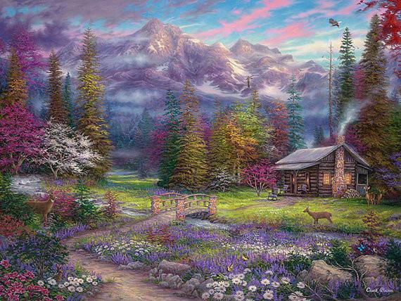 570x428 Mountain Painting, Mountain Cabin Canvas Art, Large Cabin Painting - Cabin Painting