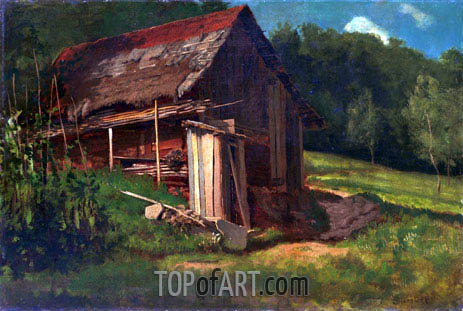 463x311 Swiss Mountain Cabin Bierstadt Painting Reproduction 4988 - Cabin Painting
