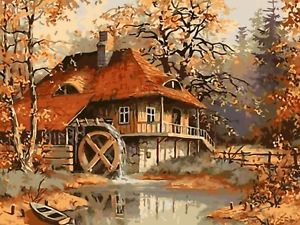 300x225 Watermill Cabin Paint By Numbers Canvas Oil Painting Kit 20 X 16 - Cabin Painting