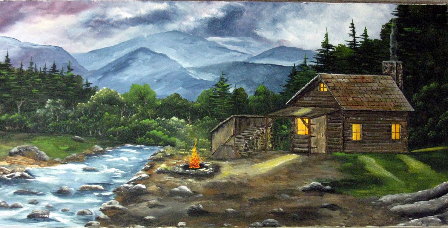 1500x764 Acrylic Painting,canvas Painting,cabin, Log Cabin, Mountains - Cabin Painting