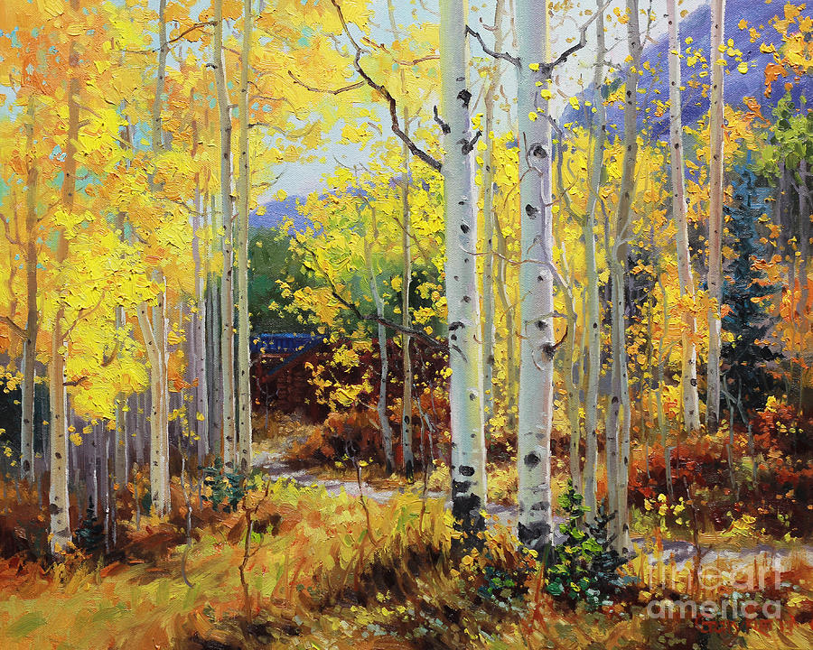 900x720 Aspen Cabin Painting By Gary Kim - Cabin Painting