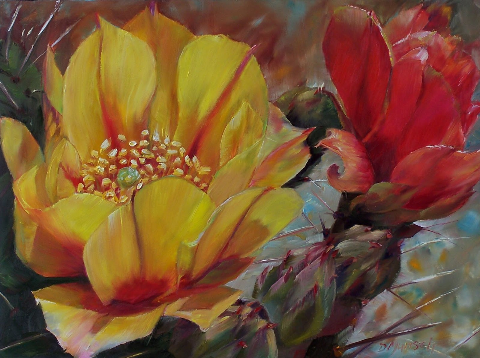 1600x1195 Donna Munsch Fine Art Original Oil Painting Cactus Flower - Cactus Flower Painting