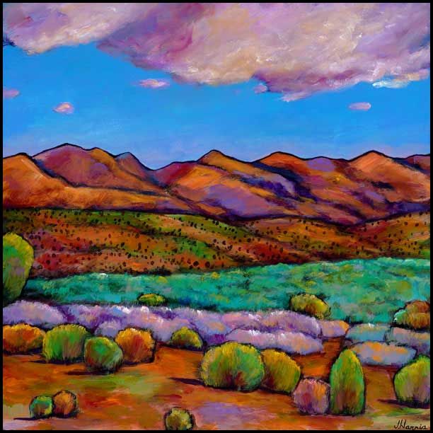 612x612 Desert Landscape Near Santa Fe Clouds Mountains And Cactus My - Cactus Landscape Painting