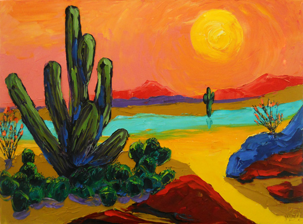 600x444 Lonely Saguaro Five Original Desert Cactus Landscape Expression - Cactus Landscape Painting