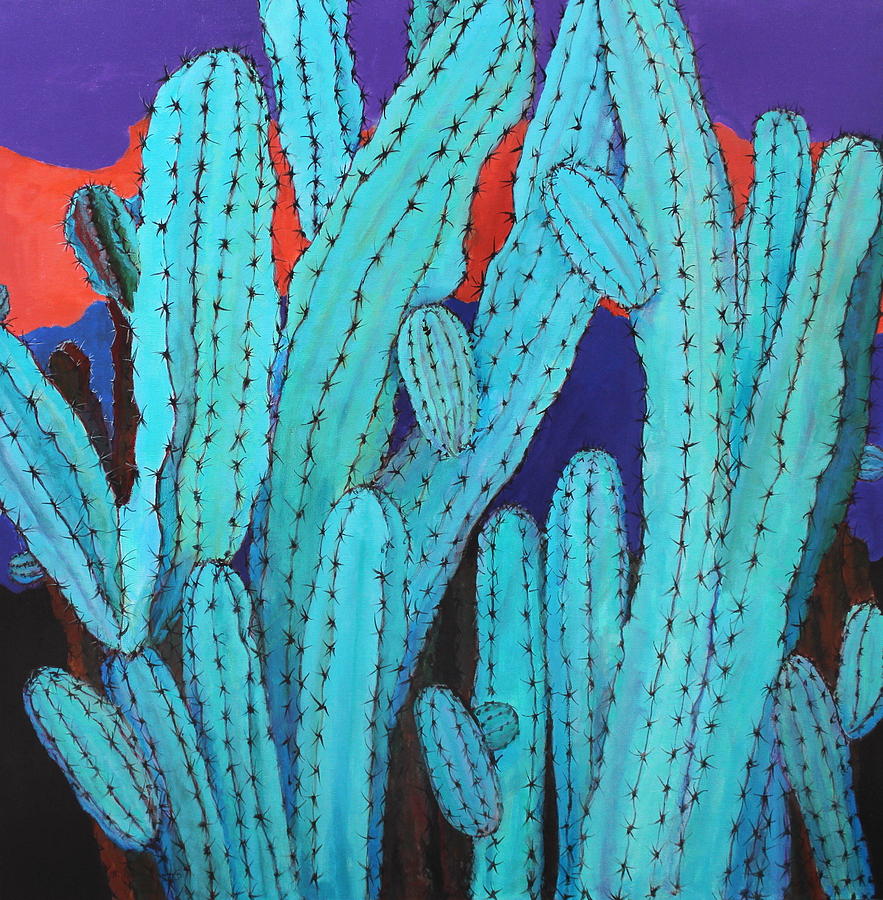 883x900 Blue Flame Cactus Acrylic Painting By M Diane Bonaparte - Cactus Painting Acrylic