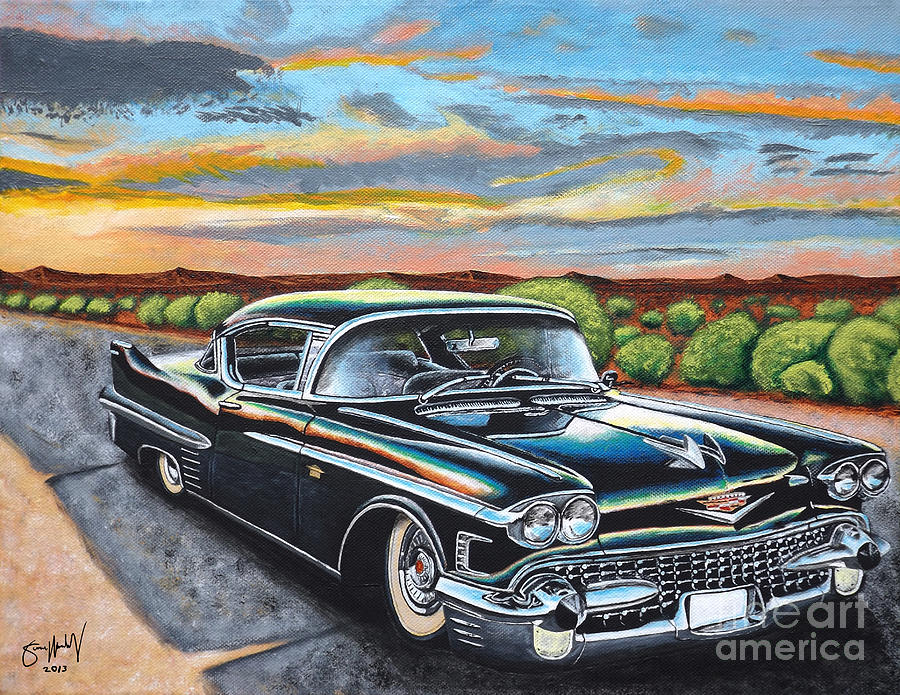 900x695 Black Cadillac Sunset Painting By Simon Moulding - Cadillac Painting