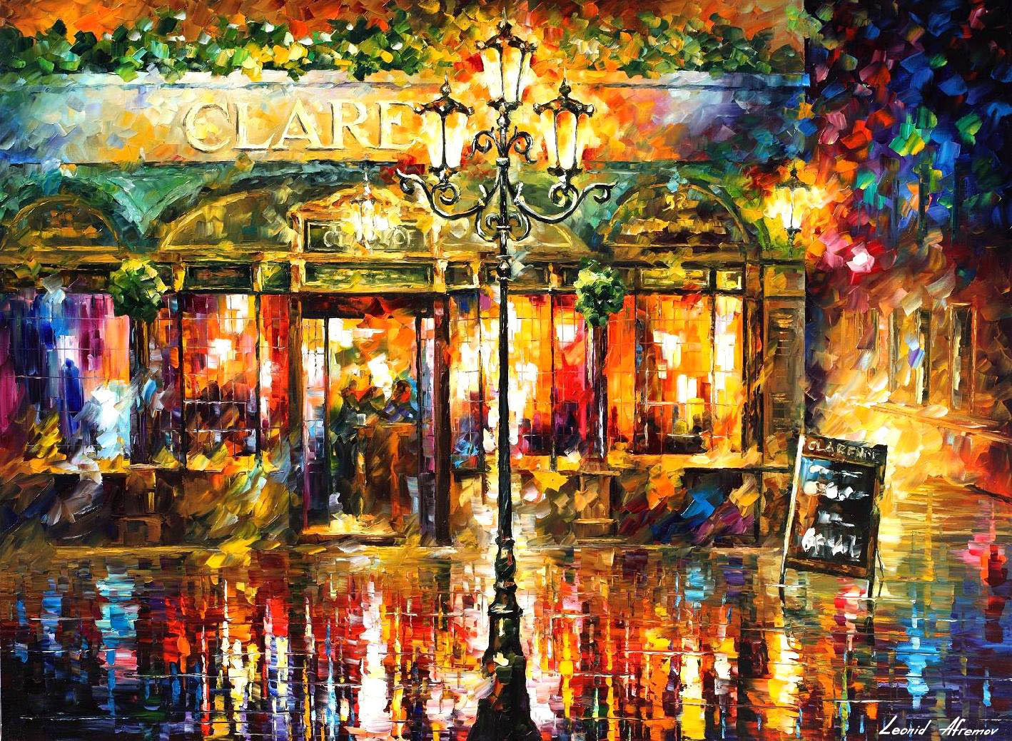 1418x1039 Misty Cafe Original Oil Painting On Canvas By Leonid Afremov - Cafe Painting