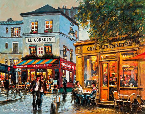 580x458 Painting Print Of Cafes On Streets Of Montmartre, Paris, France - Cafe Painting